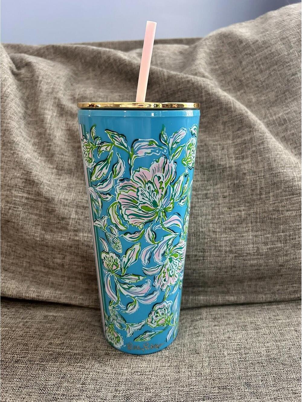 Lilly Pulitzer Tumbler In Cumulus Blue Chick Magnet Double Wall Gold Lid Straw